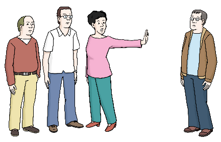 3 Personen stehen links und schauen die vierte Person rechts abwertend an. Eine Frau streckt ihren Arm aus als Zeichen der Ablehnung. Die Person ganz rechts ist verunsichert.